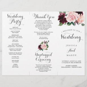 Blush Burgundy Tri-Fold Wedding Program with Menu