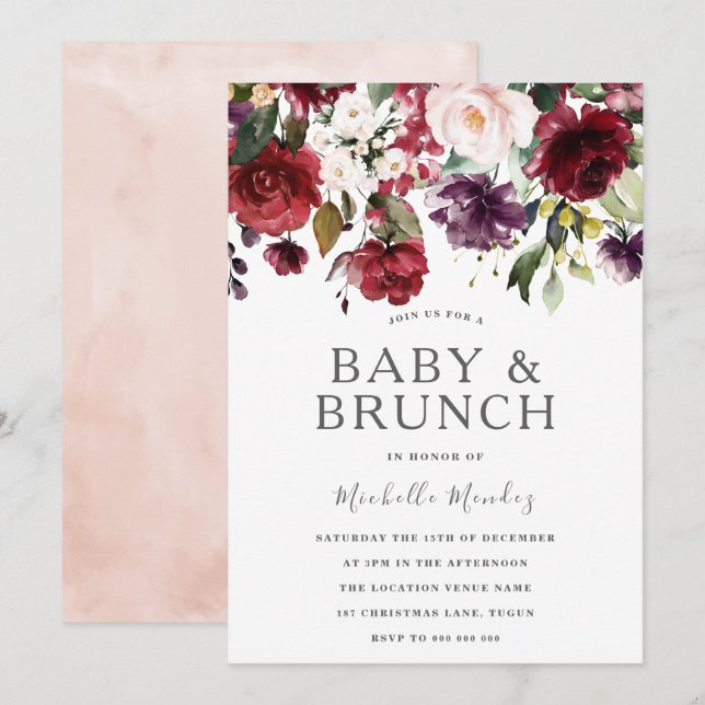 Blush Burgundy Watercolor Baby Shower & Brunch Invitation (Front/Back)