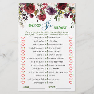 Blush Burgundy Watercolor Bloom Bridal Shower Game