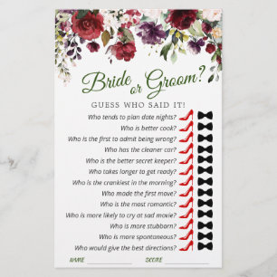 Blush Burgundy Watercolor Bloom Bridal Shower Game