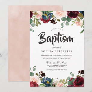 Blush & Burgundy Watercolor Floral Baptism Invitation