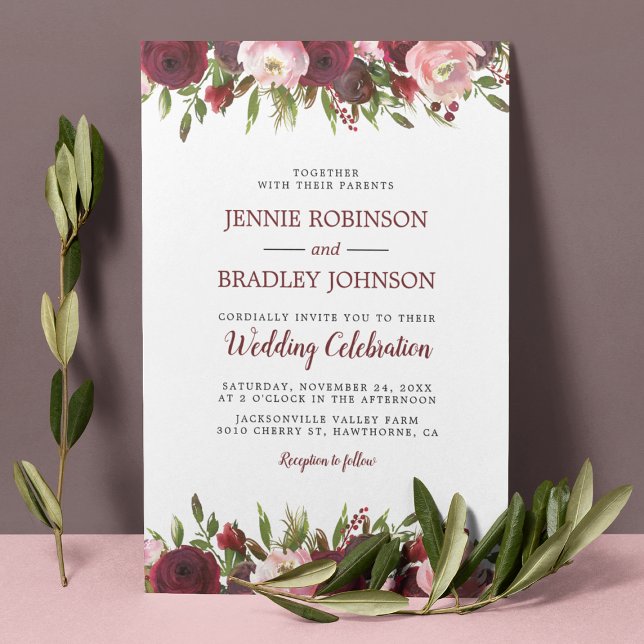 Blush Burgundy Watercolor Floral Wedding Invitation (Creator Uploaded)