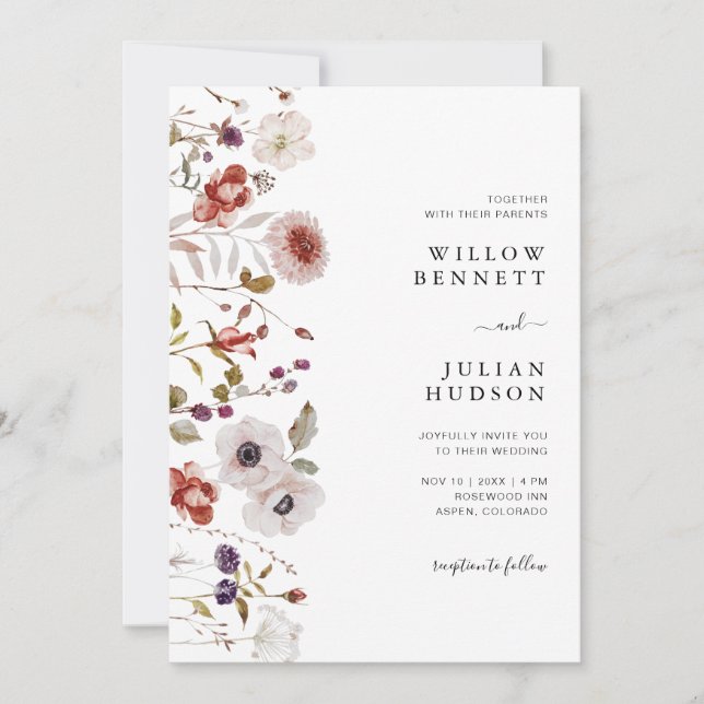Blush Burgundy Watercolor Floral Wedding Invitation (Front)