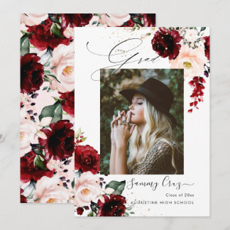 Blush Burgundy Watercolor Flowers  Graduation Announcement
