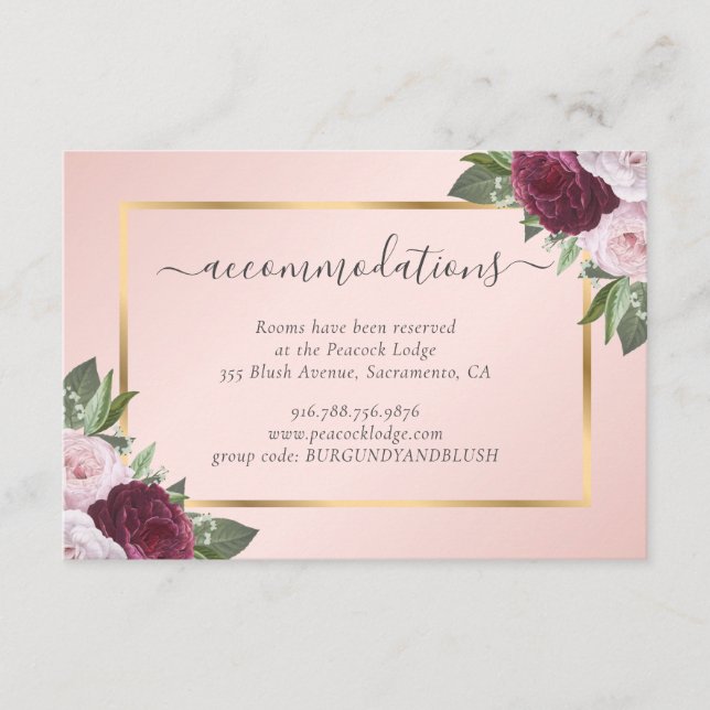Blush Burgundy Wedding Hotel Accommodation Enclosure Card (Front)
