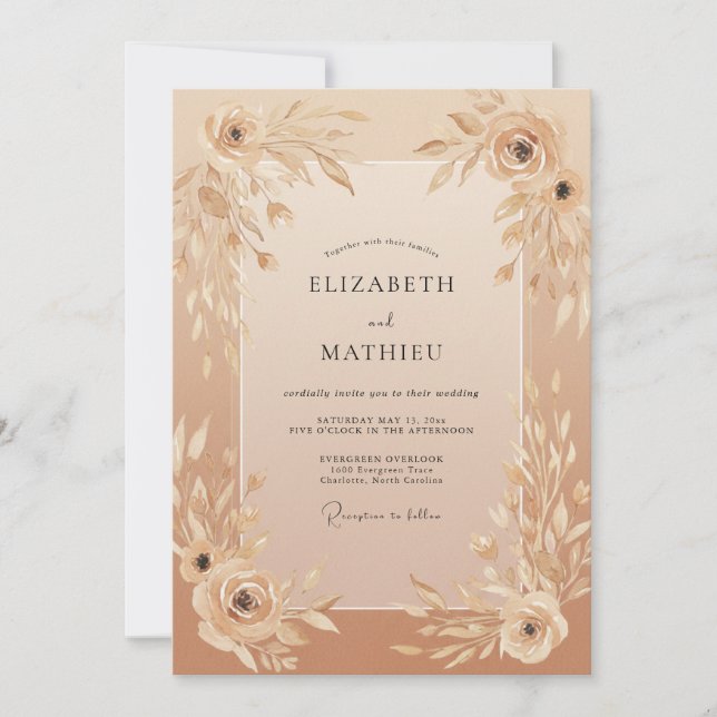 Blush Champagne Leafy Wedding Invitation (Front)