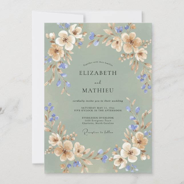 Blush Champagne Periwinkle Peony Wedding Invitation (Front)