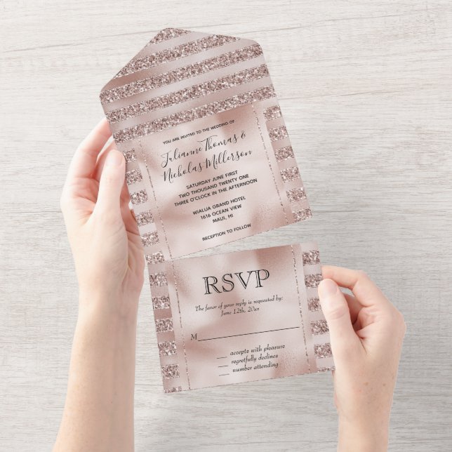 Blush Champagne Pink Glitter Glam Stripes Wedding All In One Invitation (Tearaway)