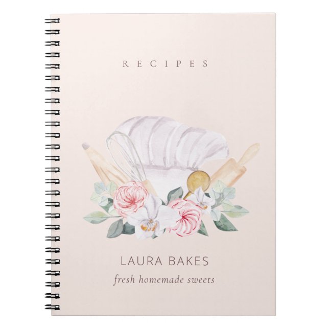 Blush Chef Hat Cookbook Floral Roller Whisk Recipe Notebook (Front)