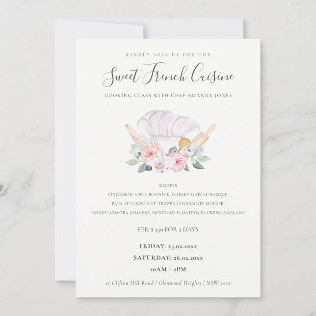 Blush Chef Hat Floral Bakery Cooking Class Invite (Front)