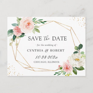 Blush Chic Floral Gold Geometric Save the Date Postcard