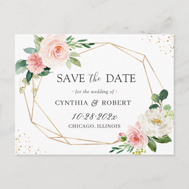 Blush Chic Floral Gold Geometric Save the Date Postcard (Front)