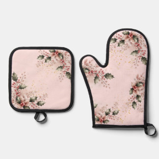 Blush Christmas Holly Foliage Design Oven Mitt & Pot Holder Set