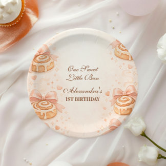 Blush Cinnamon Bow Little Bun 1st Birthday Paper Plate