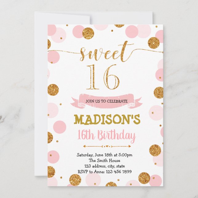 Blush confetti 16e anniversaire invitation (Devant)