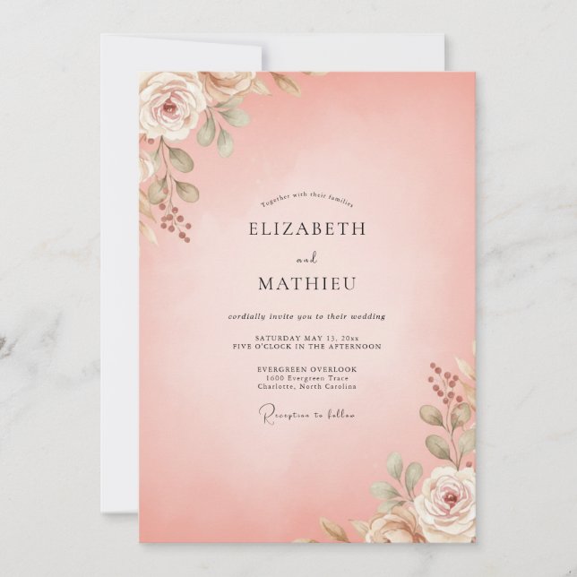 Blush Coral Painted Leaf Wedding Invitation (Front)