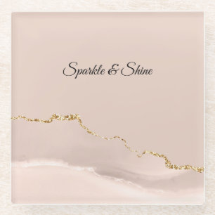 Blush  Cream Gold Sparkle Abstract Glass Coaster