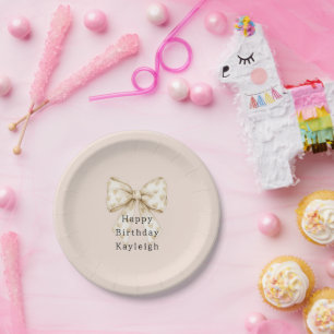 Blush Cream Hearts Bows Birthday Paper Plate