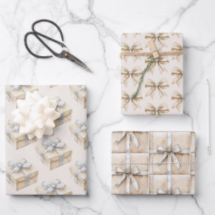Blush Cream Silver Sparkle Bows Gifts Christmas Wrapping Paper Sheet