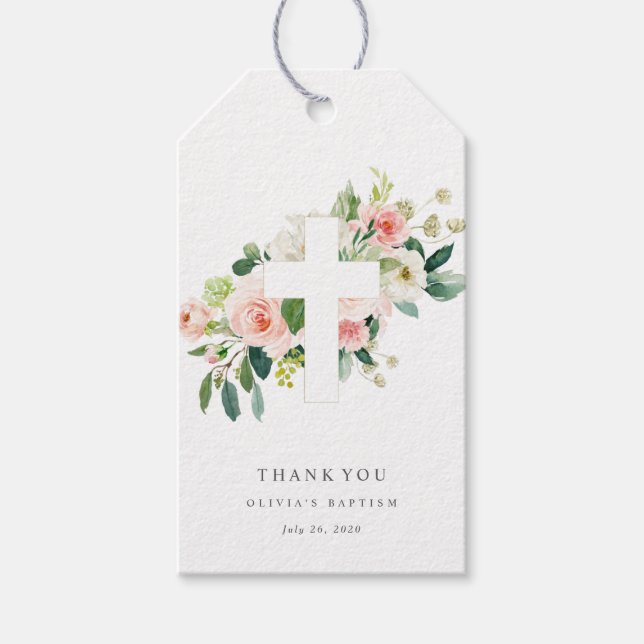 Blush Cross Baptism Christening Thanks Gift Tag (Front)