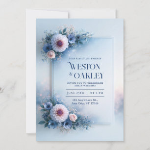 Blush Dahlia Powder Blue Frame Wedding Invitation