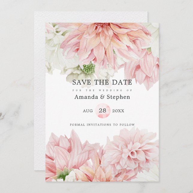 Blush Dahlias Floral Wedding Save The Date (Front/Back)
