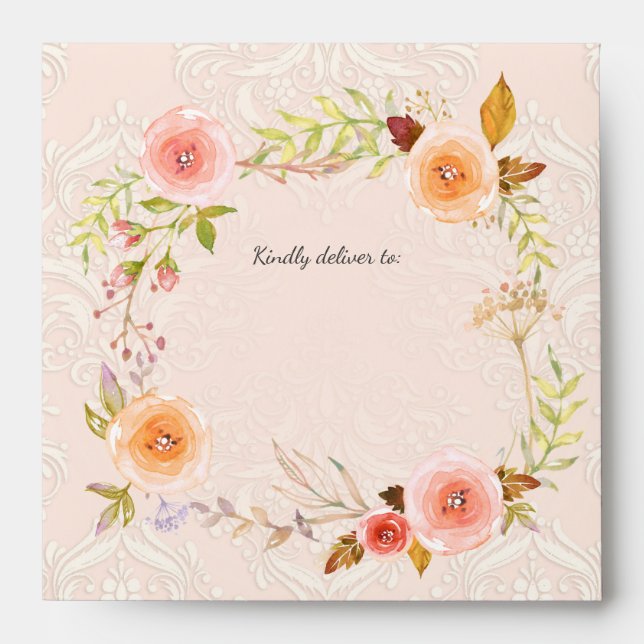 Blush Damask Watercolor Floral Wreath Baby Shower Envelope (Front)