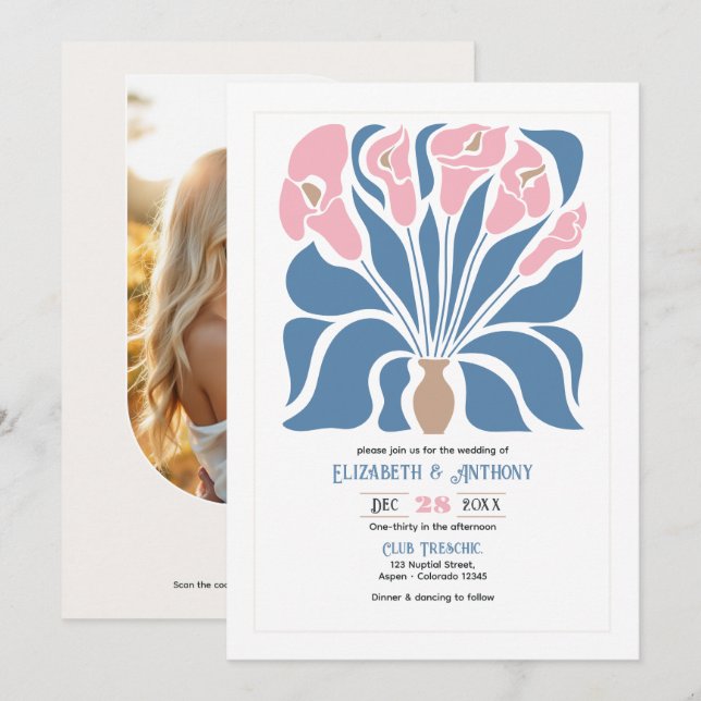 Blush & Denim Clay Abstract Floral Boho Wedding Invitation (Front/Back)