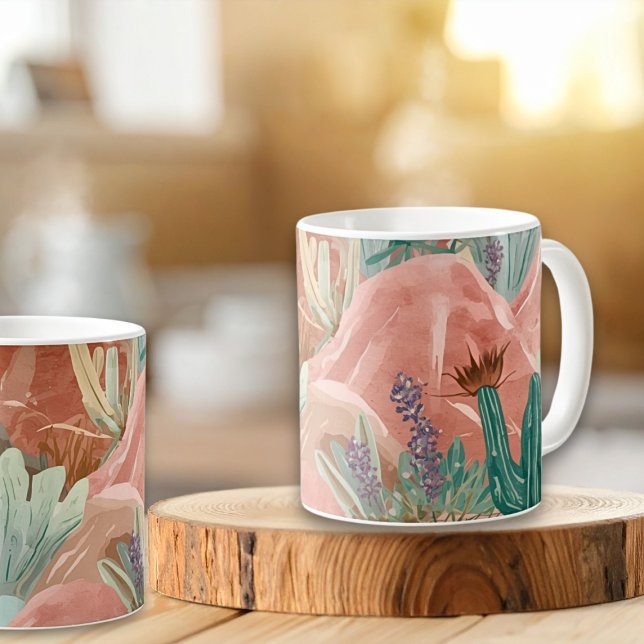 Blush Desert Bloom Watercolor Landscape Coffee Mug (Blush canyon mug with watercolor cacti and soft desert blooms in terracotta, sage, and lavender hues)