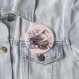 Blush Dove Nest with Flowers and Olive Branches 3 Inch Round Button