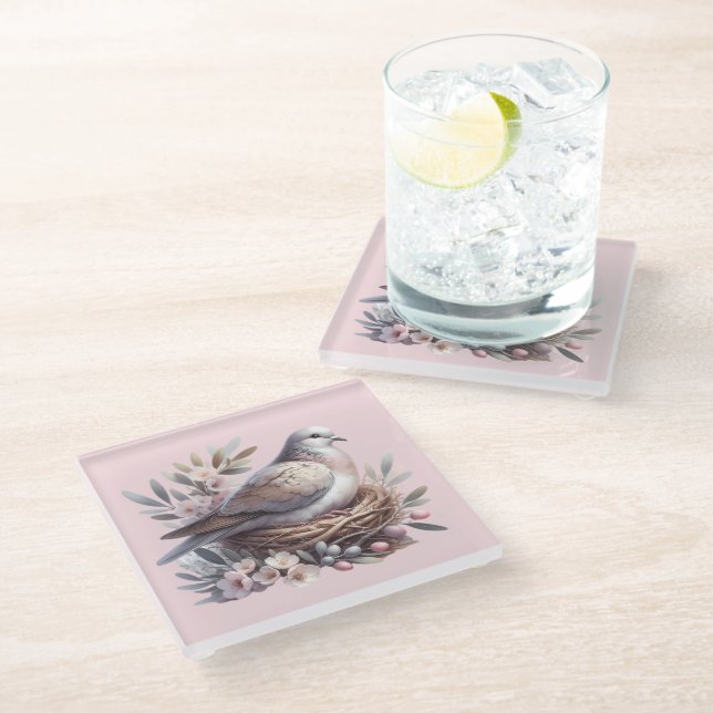 Blush Dove Nest with Flowers and Olive Branches Glass Coaster (Angled)