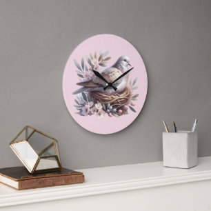 Blush Dove Nest with Flowers and Olive Branches Large Clock