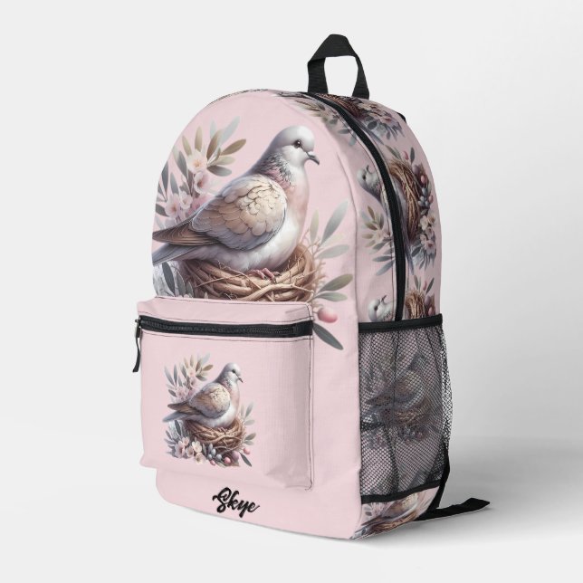 Blush Dove Nest with Flowers and Olive Branches Printed Backpack (Back Corner Right)