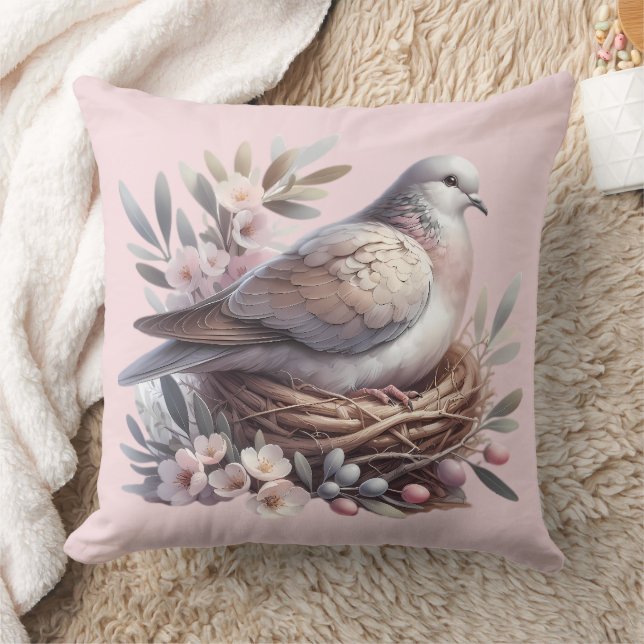 Blush Dove Nest with Flowers and Olive Branches Throw Pillow (Blanket)