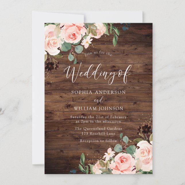 Blush Dreams: Blush Flowers Rustic Wedding Invitation (Front)