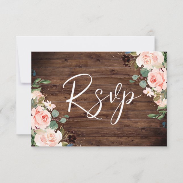 Blush Dreams: Blush Flowers & Rustic Wood Wedding RSVP Card (Front)