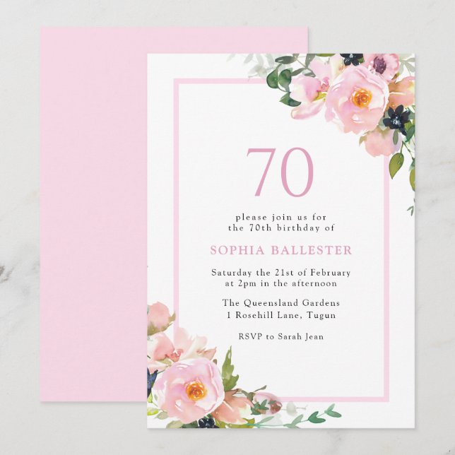 Blush Dreams Floral Womans 70th Birthday Party Invitation (Front/Back)