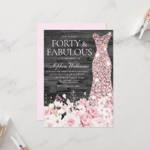 Blush Dress Flowers Charcoal 40th Birthday Party Invitation