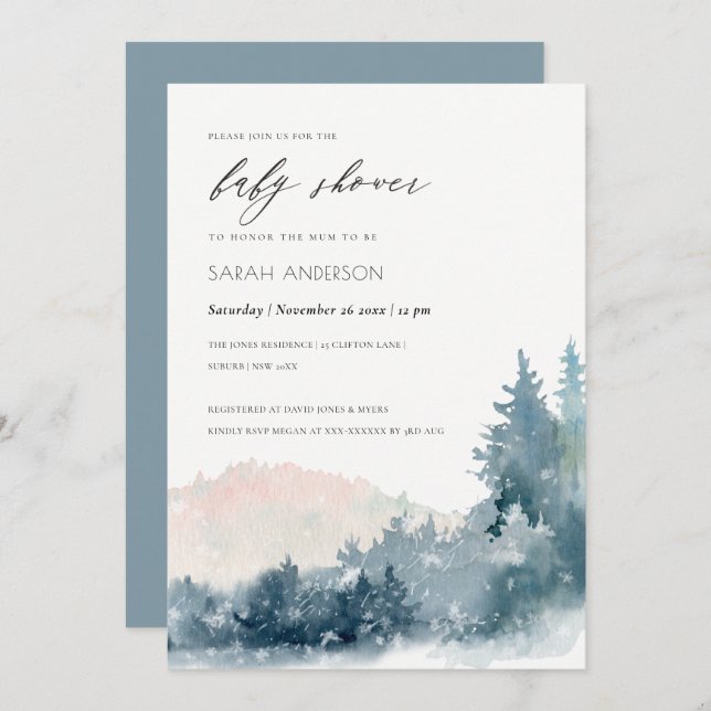 BLUSH DUSKY BLUE MOUNTAINS PINE BABY SHOWER INVITE (Front/Back)