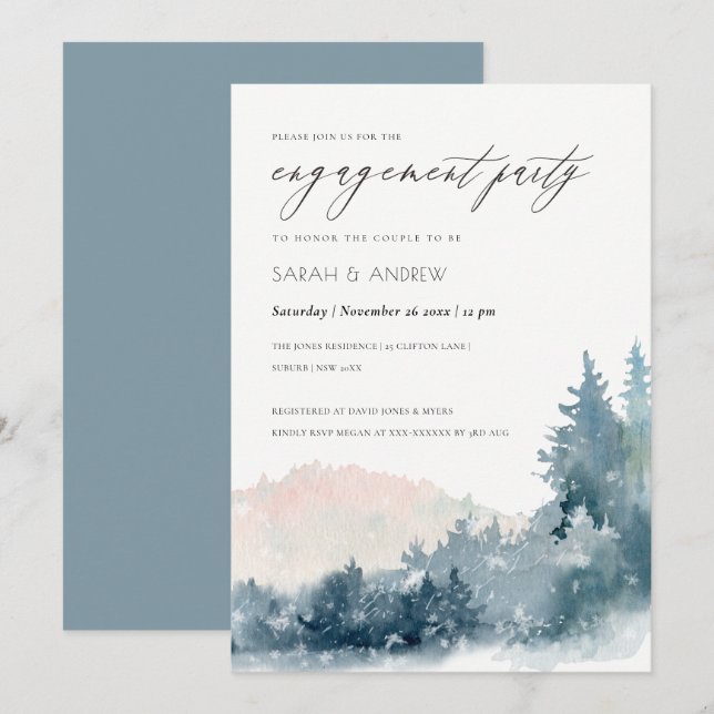 BLUSH DUSKY BLUE MOUNTAINS PINE ENGAGEMENT INVITE (Front/Back)
