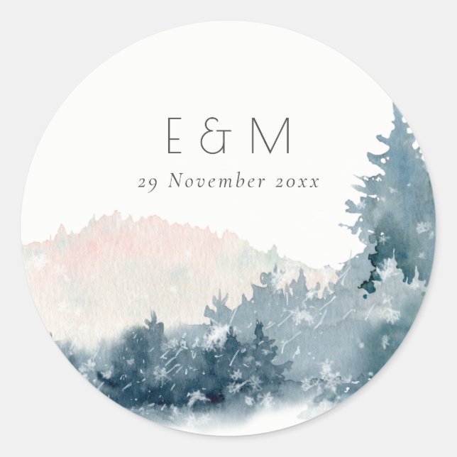 BLUSH DUSKY BLUE MOUNTAINS PINE MONOGRAM WEDDING CLASSIC ROUND STICKER (Front)