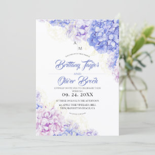 Blush Dusty and Navy Blue Hydrangea Wedding  Invitation