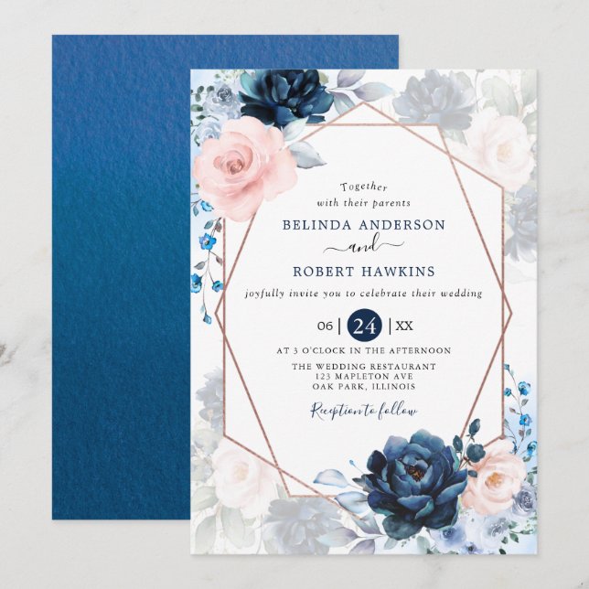 Blush Dusty and Navy Blush Pink Floral Wedding Invitation (Front/Back)
