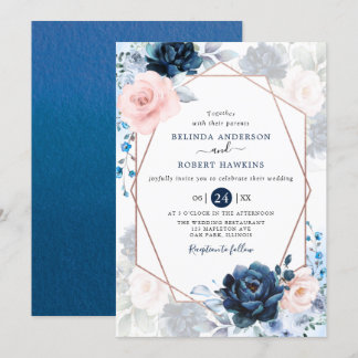 Blush Dusty and Navy Blush Pink Floral Wedding Invitation