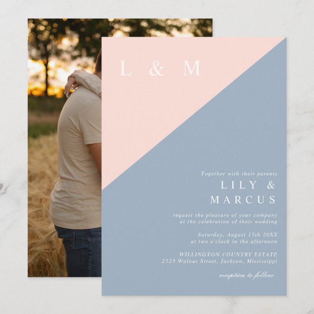 Blush Dusty Blue Elegant Minimalist Wedding Photo Invitation (Front/Back)