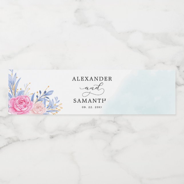 Blush Dusty Blue Eucalyptus Rose Floral Wedding Water Bottle Label (Single Label)
