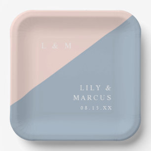 Blush Dusty Blue Minimalist Monogram Wedding Paper Plate