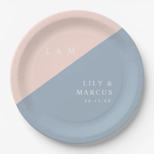 Blush Dusty Blue Modern Elegant Monogram Wedding Paper Plate