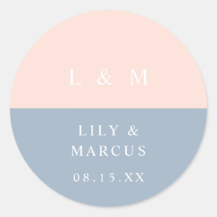 Blush Dusty Blue Monogram Minimalist Wedding Favou Classic Round Sticker