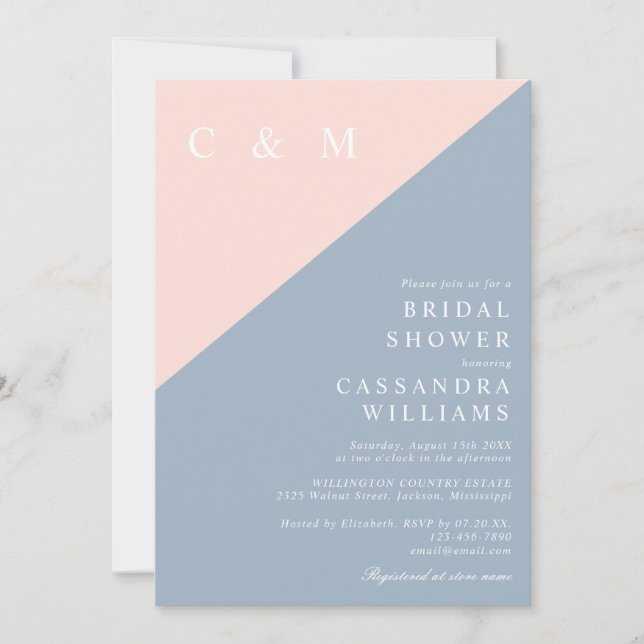 Blush Dusty Blue Monogram QR Code Bridal Shower Invitation (Front)